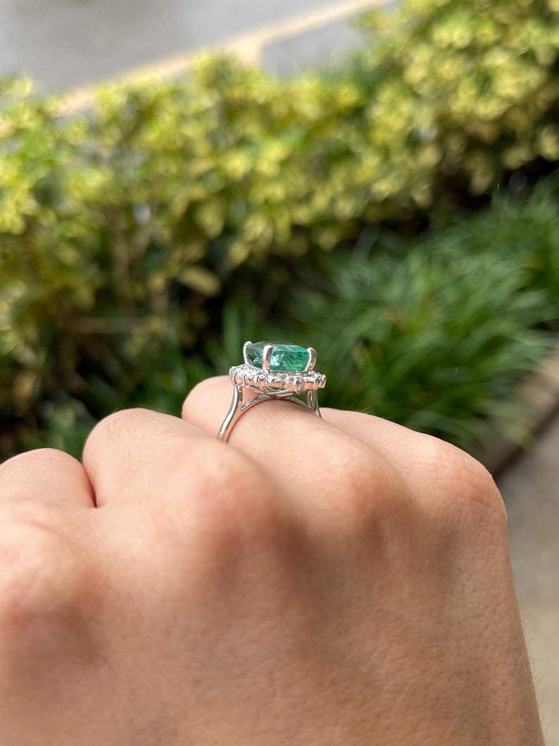 6.64tcw 14K Deep Green Emerald Engagement Ring with Diamond Halo