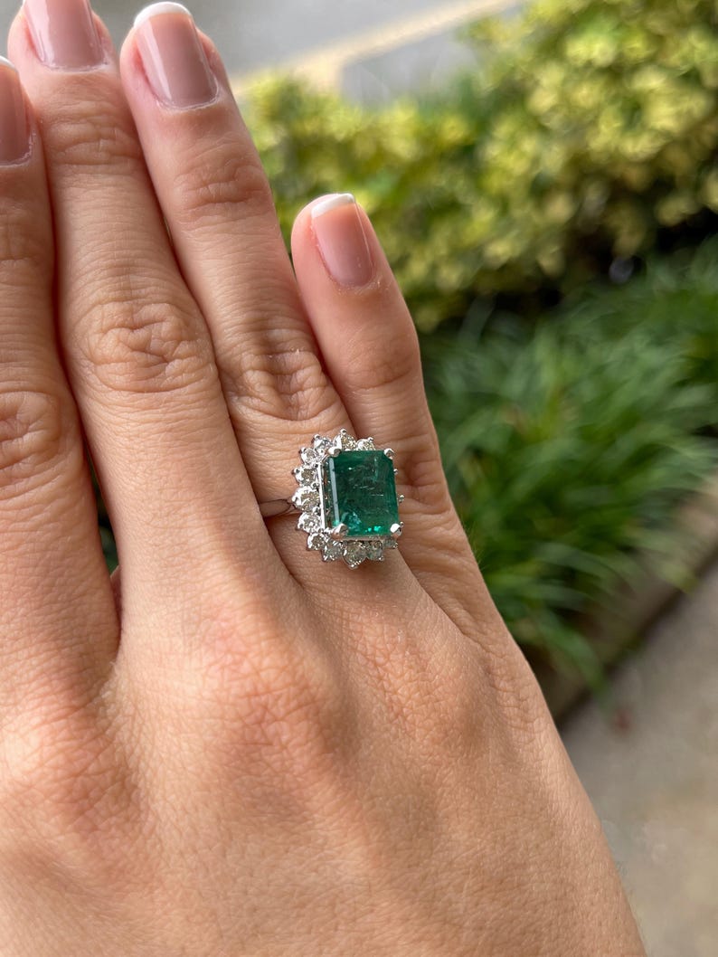 6.64tcw 14K Deep Green Emerald Engagement Ring with Diamond Halo