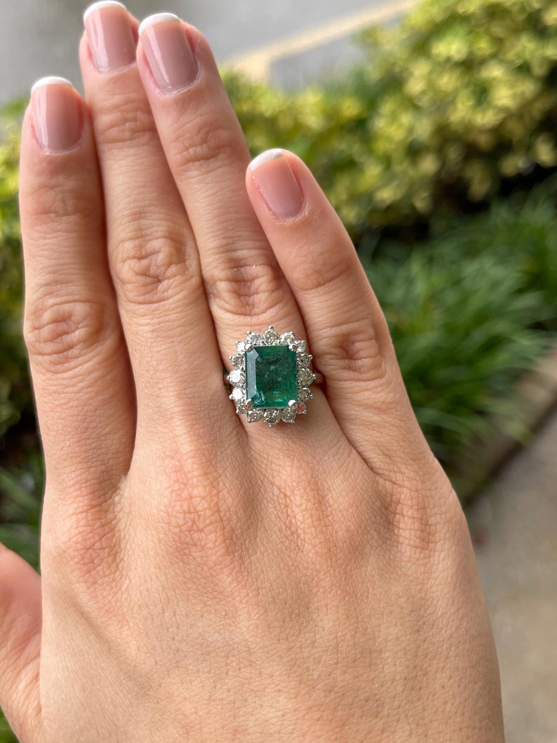 6.64tcw 14K Deep Green Emerald Engagement Ring with Diamond Halo