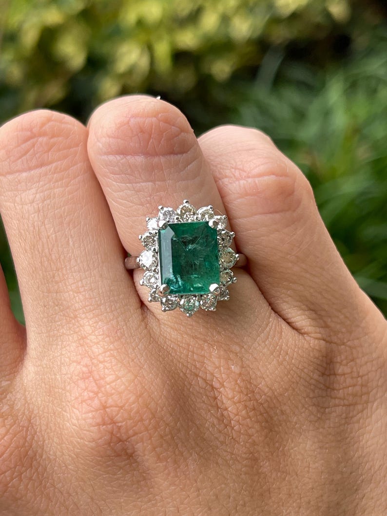 6.64tcw 14K Deep Green Emerald Engagement Ring with Diamond Halo