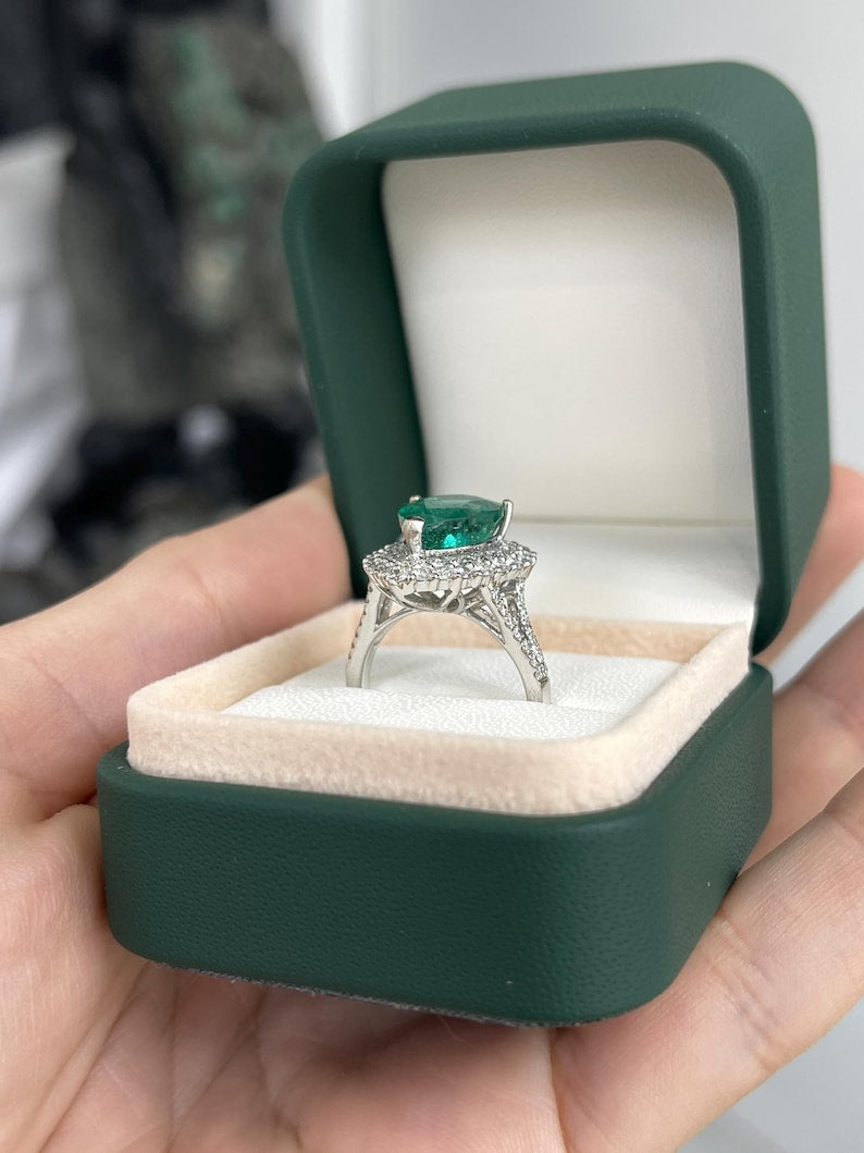 8.70tcw Pear Cut Emerald & Double Diamond Halo Engagement Ring in 18K Gold