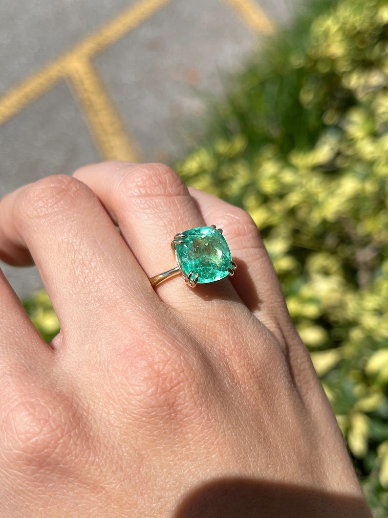 Beautiful 25th Anniversary 14K Gold Ring with 7.14ct Cushion Cut Colombian Emerald