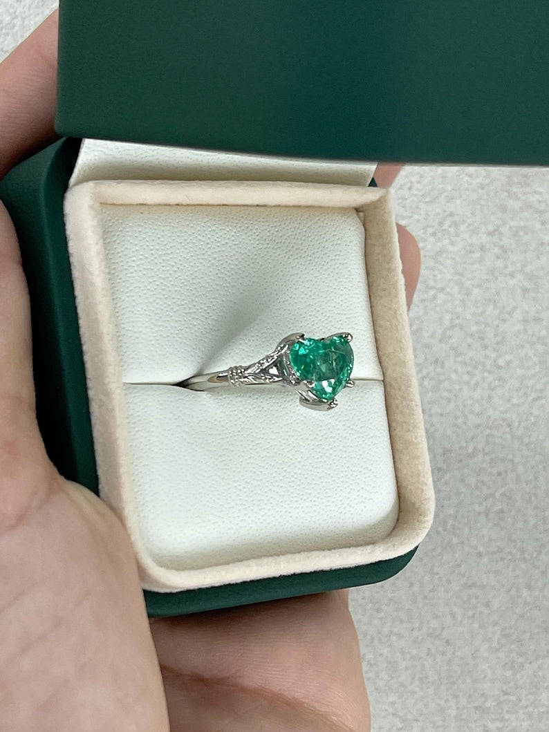 2.03ct Vivid Mint Green Heart Cut Colombian Emerald Solitaire Floral Set Ring