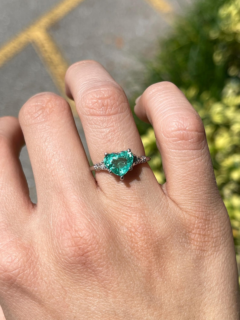 2.03ct Heart-Cut Colombian Emerald Ring Featuring a Bright Mint Green Floral Setting