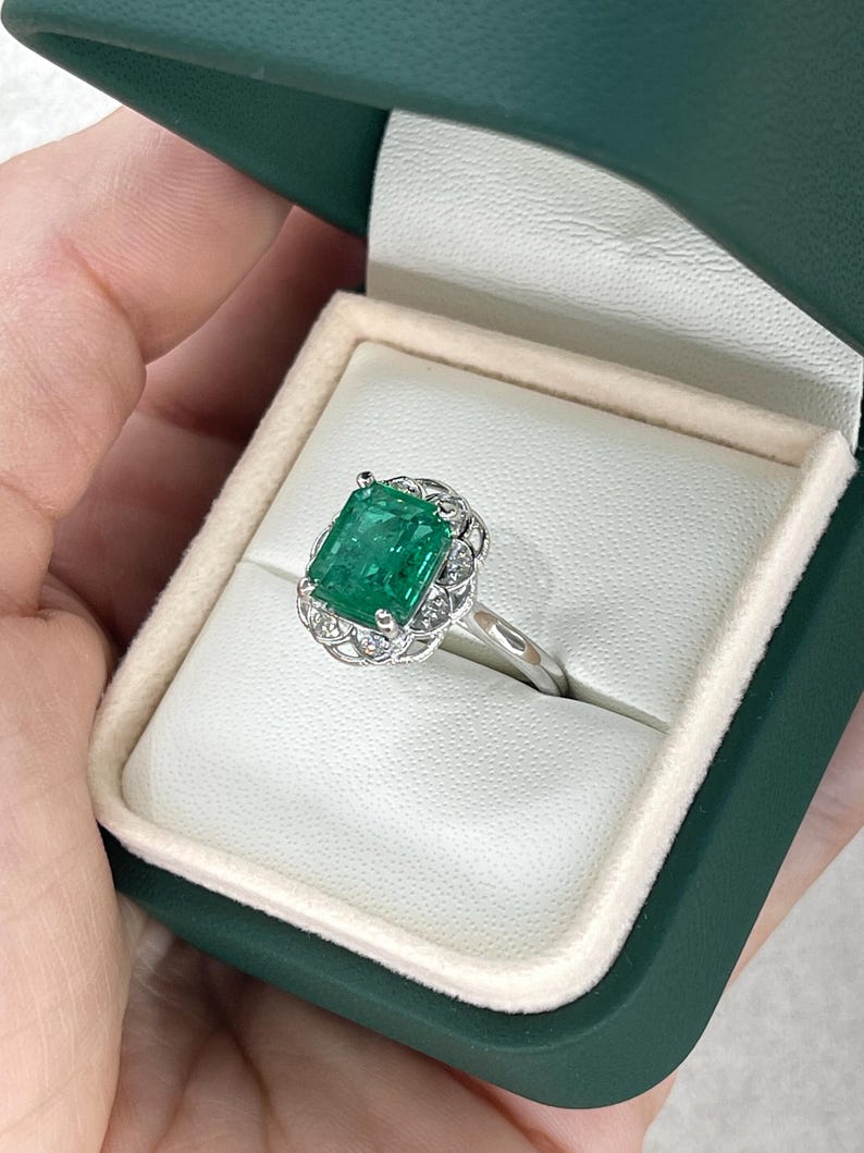 3.60tcw 14K Green Emerald & Diamond Floral Engagement Ring in White Gold