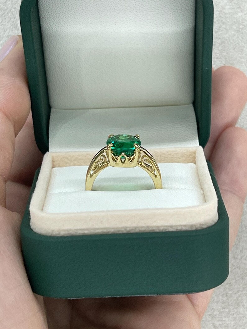 3.93ct 14K Dark Green Oval Emerald Ring with Scroll Detail, 585 Gold