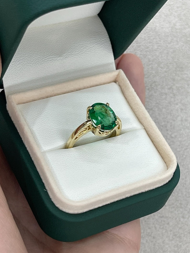 3.93ct 14K Dark Green Oval Emerald Ring with Scroll Detail, 585 Gold