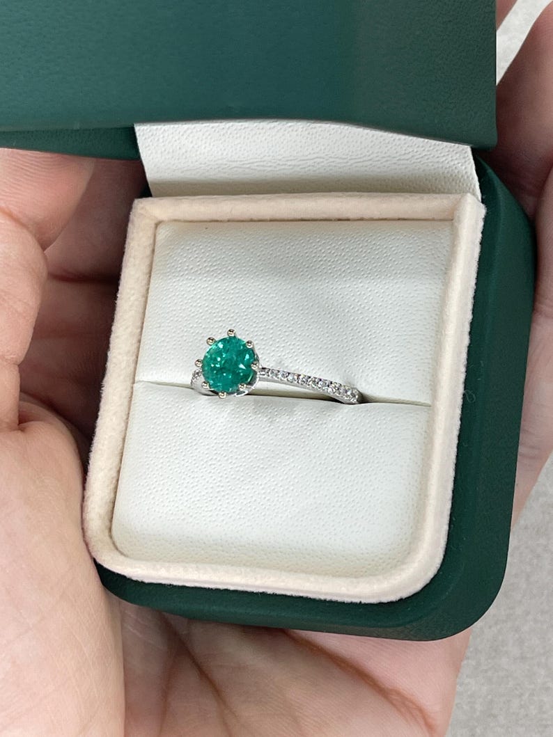 1.25tcw 14K Bluish Green Emerald & Diamond Accent 6 Prong Ring White Gold 585