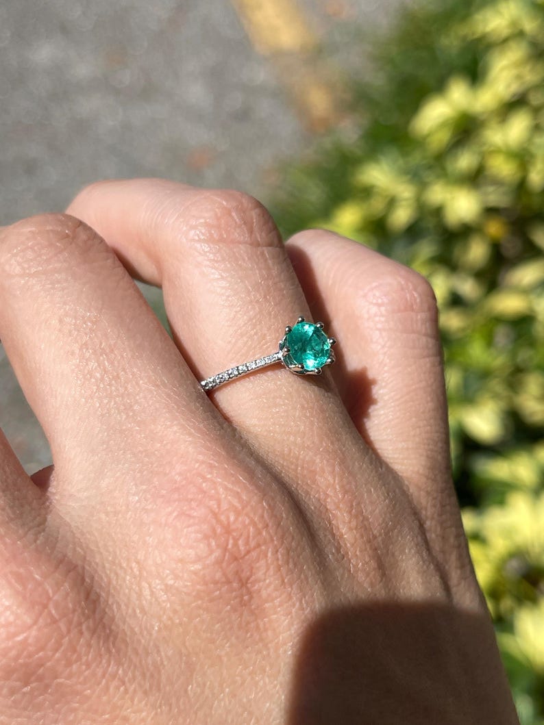 14K White Gold Ring with 1.25tcw Bluish Green Emerald and Accent Diamonds