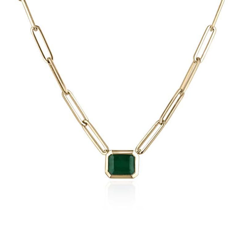 2.58ct 14K Gold East-West Dark Green Emerald Paperclip Solitaire Necklace