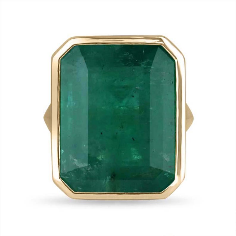 25.25 Carat Emerald Bezel Set Ring in 18K Gold – Dark Green Solitaire Statement