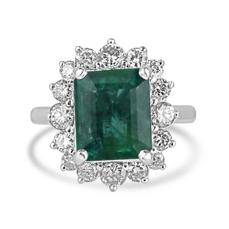 14K Deep Green Emerald Engagement Ring with 6.64tcw and Diamond Halo