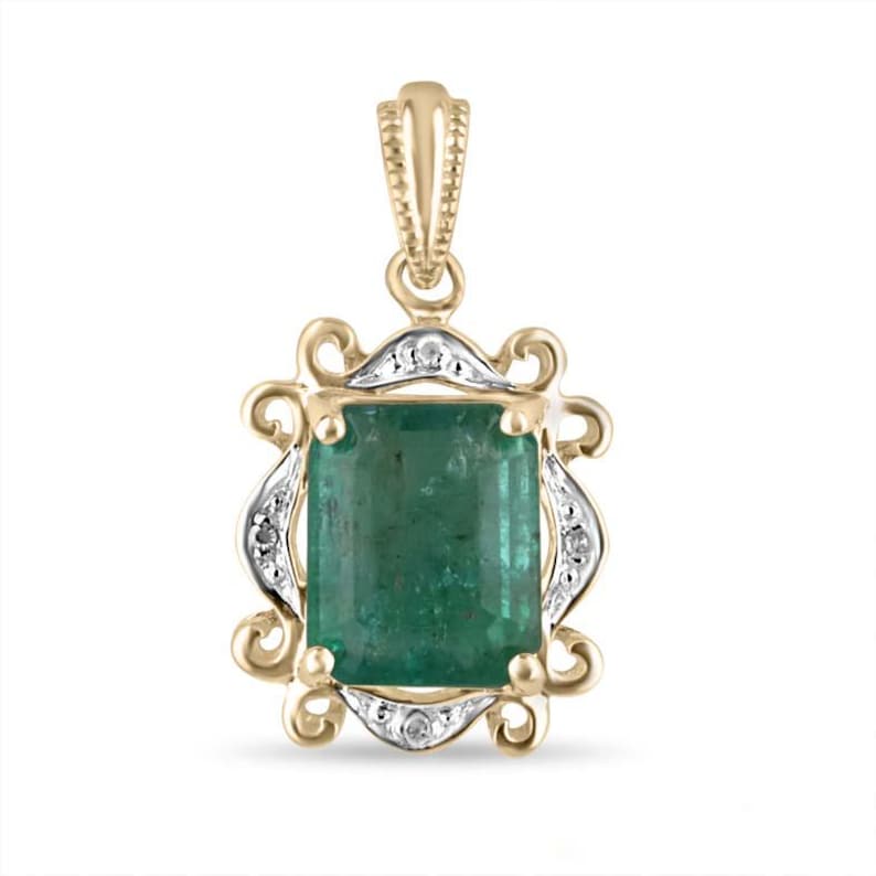 3.06tcw 14K Natural Emerald & Diamond Accent Vintage Pendant Necklace with Prong Setting