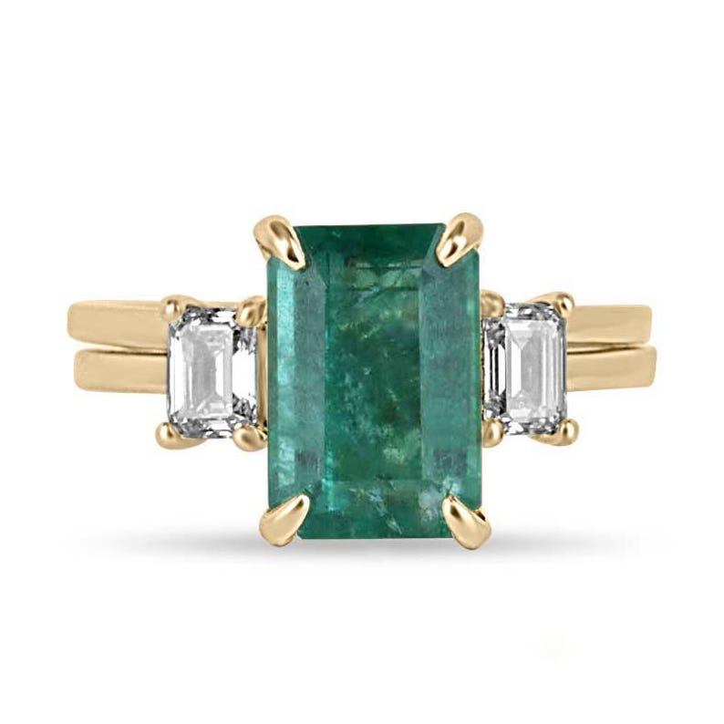 14K Gold Convertible Three Stone Engagement Ring with 3.75tcw Emerald and Diamonds