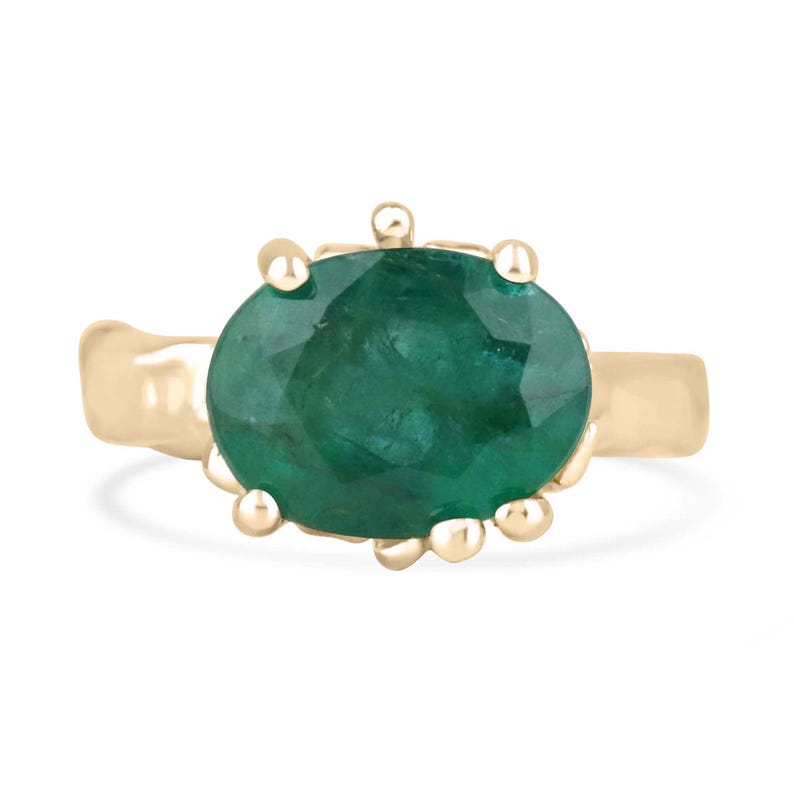 14K Gold Nugget Solitaire Ring with 4.04ct Dark Green Oval Cut Emerald