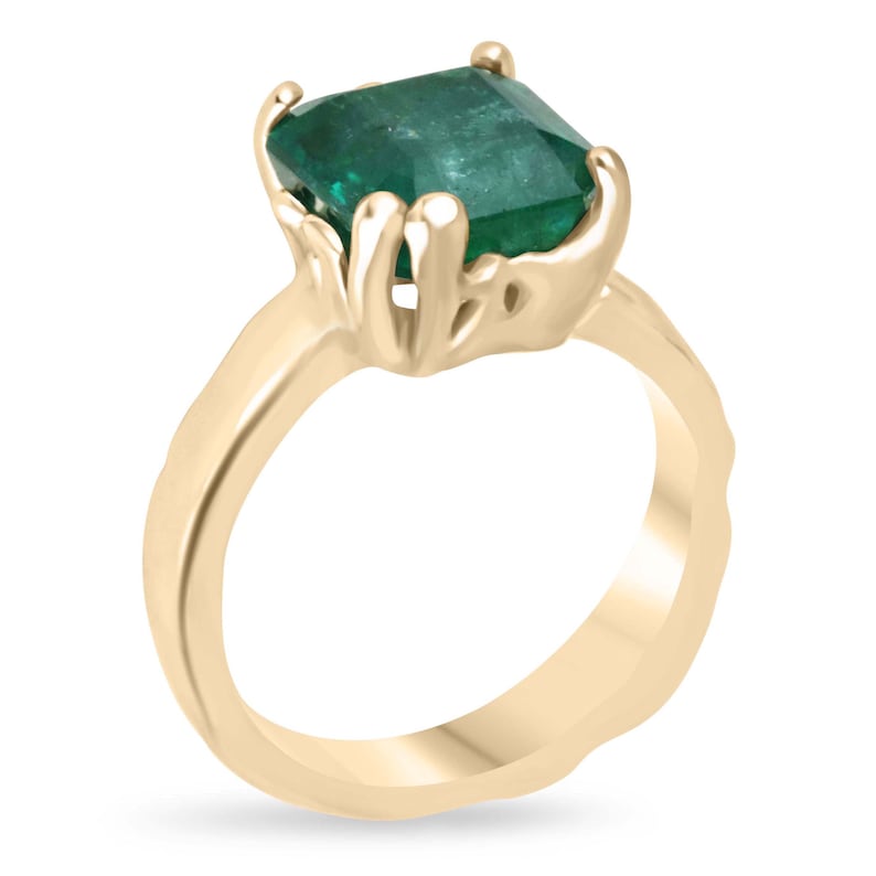 Solitaire Ring with 4.48ct Dark Green Asscher Cut Emerald - 14K Gold Nugget Style