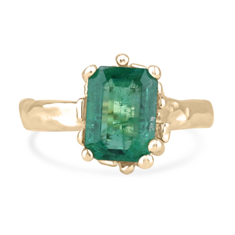 14K Organic Emerald Solitaire Ring with 3.10 Carat Lush Green Gemstone