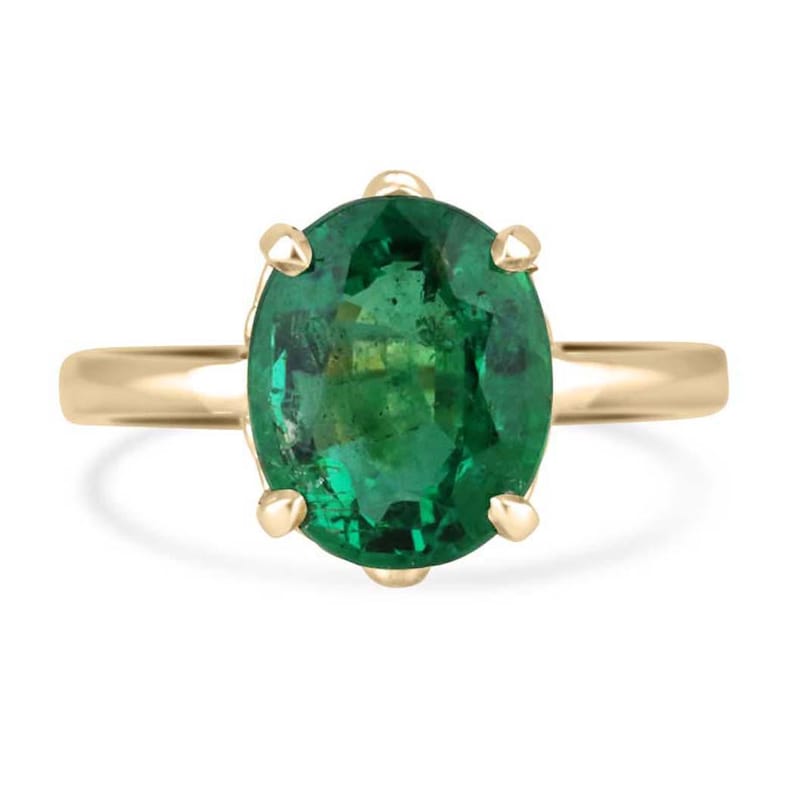 3.93ct 14K Dark Green Oval Emerald Ring featuring Intricate Scroll Design in 585 Gold