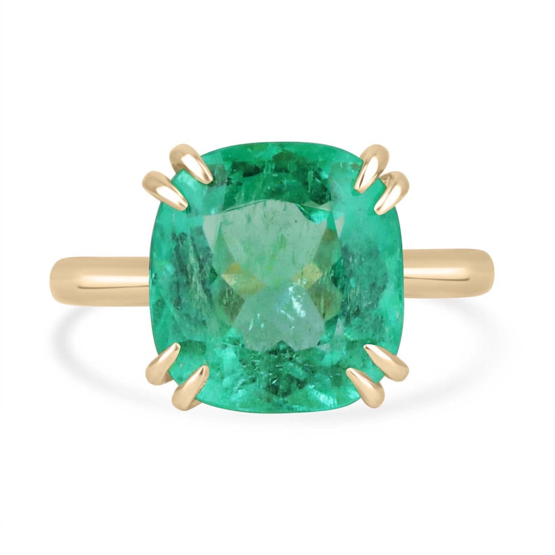 Exquisite 7.14ct Colombian Emerald Cushion Cut Ring in 14K Gold, Perfect for a 25th Anniversary Gift