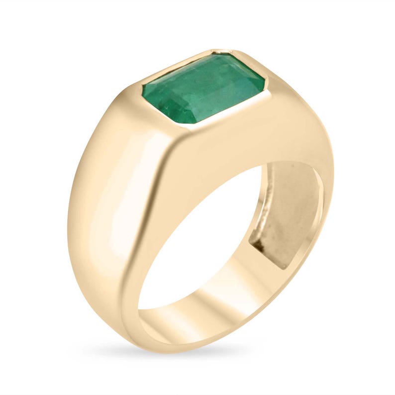 14K Men's Ring with 4.40ct Dark Green Emerald in Bezel Setting