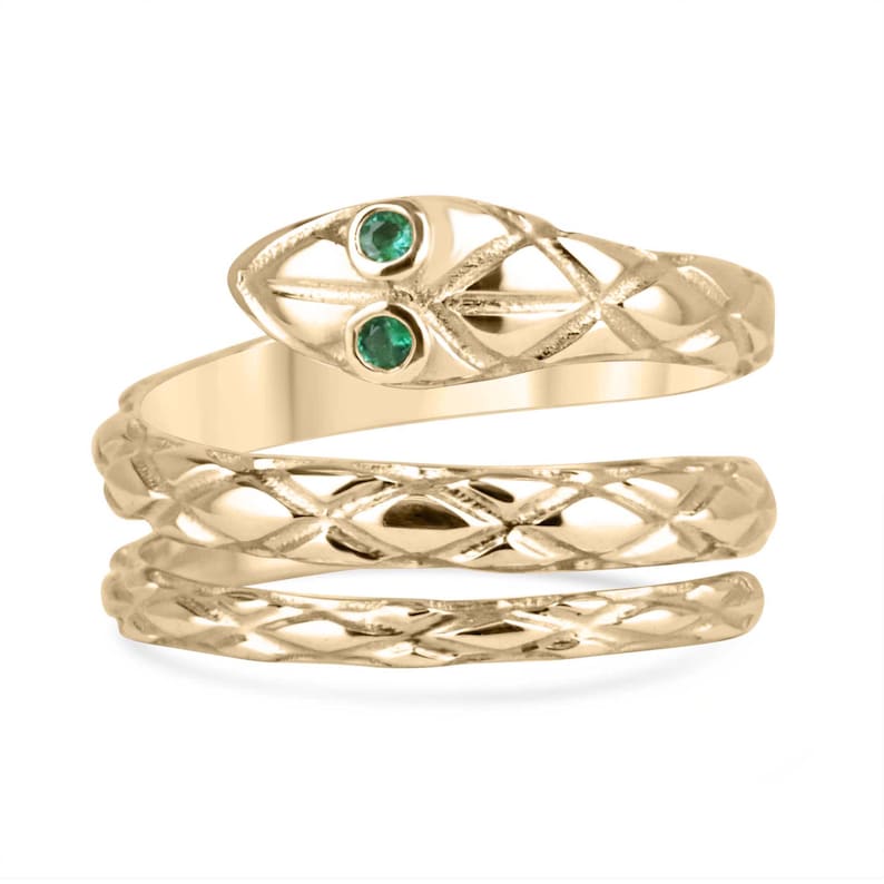 Textured 14K Gold Snake Ring with Emerald Eyes - 0.05tcw Serpent Design