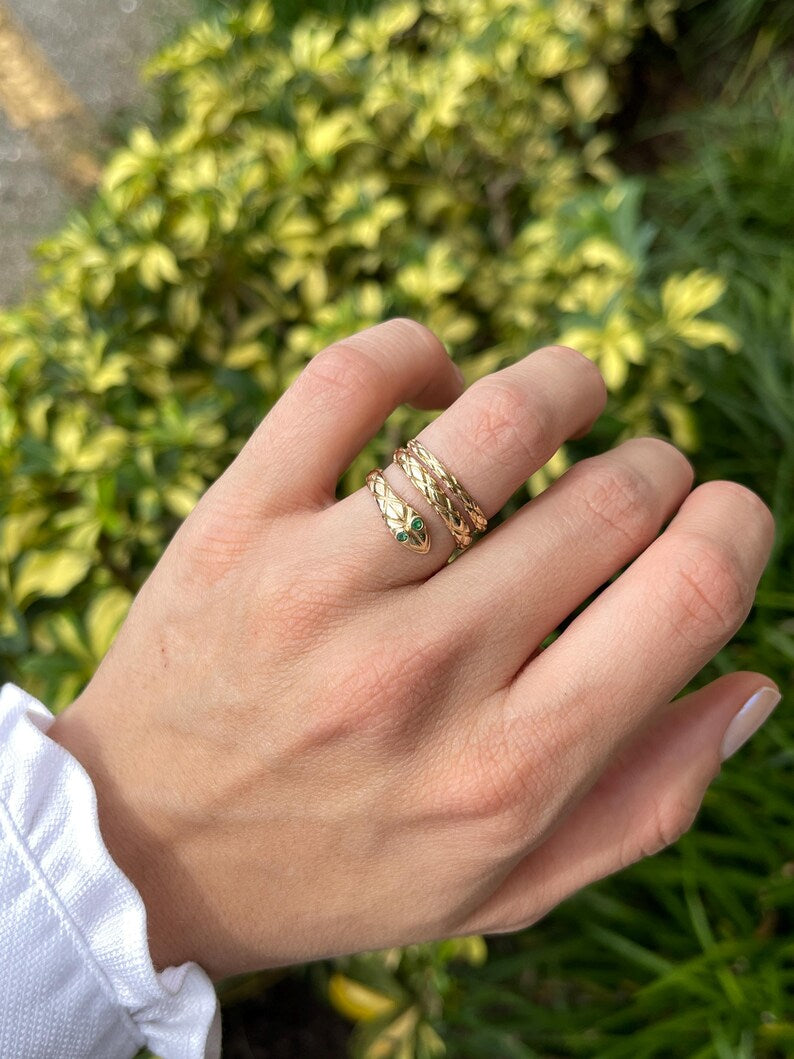 Stylish Wrap-Around Snake Ring with Emerald Eyes - 14K Gold and 0.05tcw