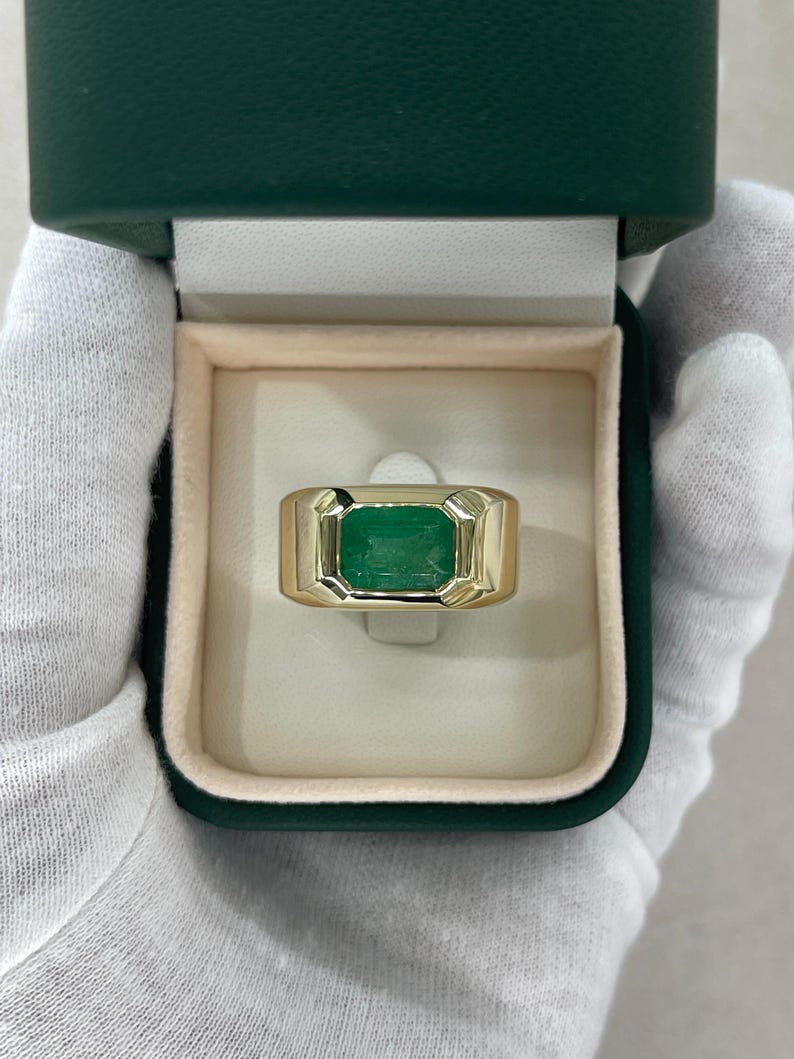 4.40ct 14K Men's Emerald Solitaire Ring - Bezel Set Dark Green Emerald