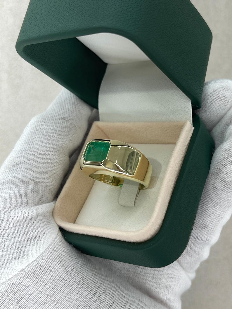 4.40ct 14K Men's Emerald Solitaire Ring - Bezel Set Dark Green Emerald