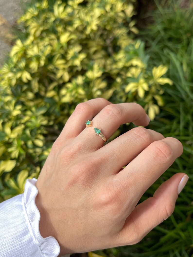 Stunning 0.47tcw 14K Stacking Ring with Pear-Shaped Emerald and Diamond Accents