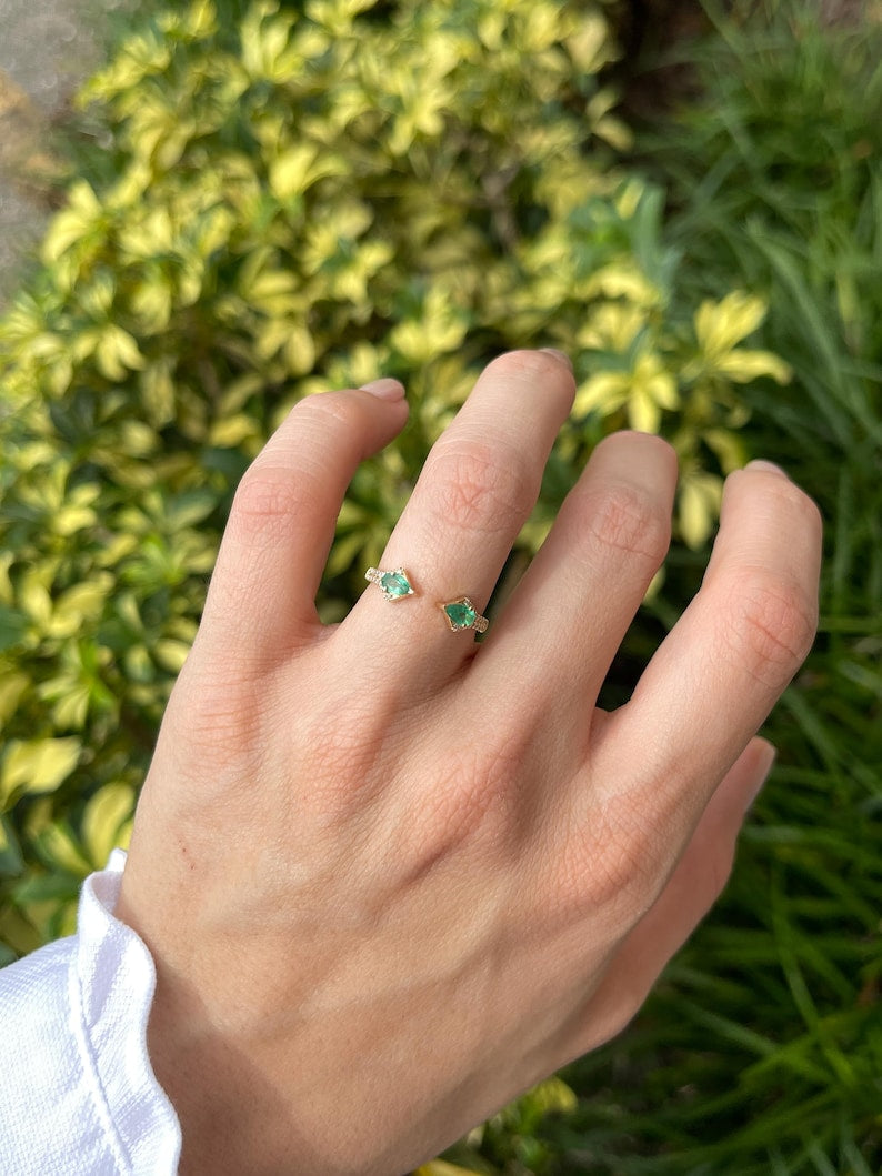 14K Gold Stacking Ring with Pear Cut Green Emerald and 0.47tcw Diamond Detail