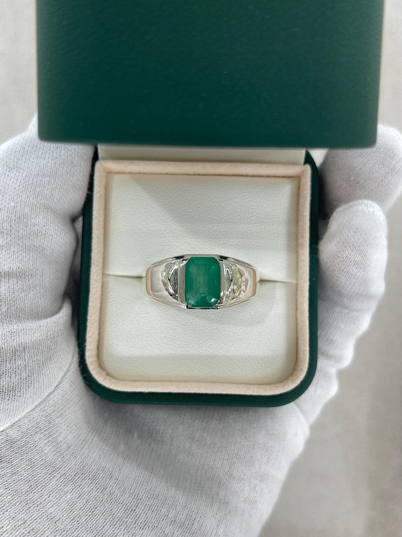 2.75ct Natural Emerald Cut Men's Ring - Dark Green Emerald in Silver 925