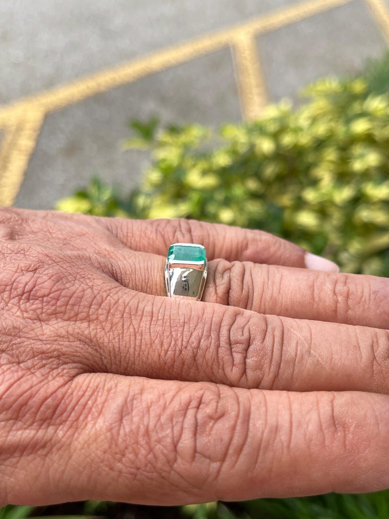 Stylish Men's 2.75ct Emerald Cut Ring with Dark Green Emerald in Sterling Silver