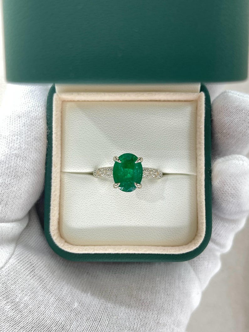 3.11ct 14K Dark Green Oval Emerald Solitaire Ring in White Gold