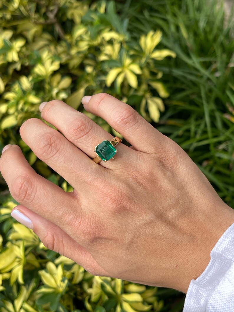 14K Organic Emerald Ring - 4.48 Carat Dark Green Asscher Cut with Gold Nugget Accent