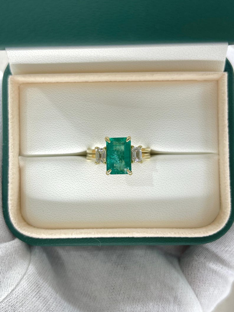 Luxurious 14K Gold Three Stone Engagement Ring with 3.75tcw of Emeralds and Diamonds