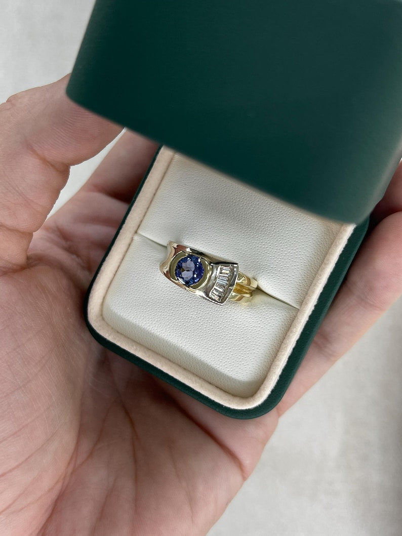 1.12tcw 14K Two-Toned Gold Tanzanite & Diamond Ring - Vivid Violet Round Cut