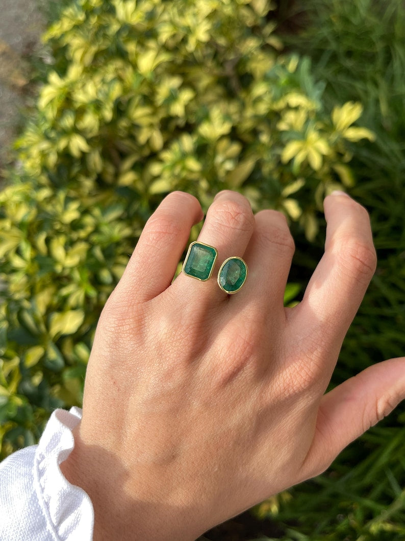 8.80tcw 18K Gold Toi Et Moi Ring | Emerald & Oval Cut Deep Green Emerald Stones