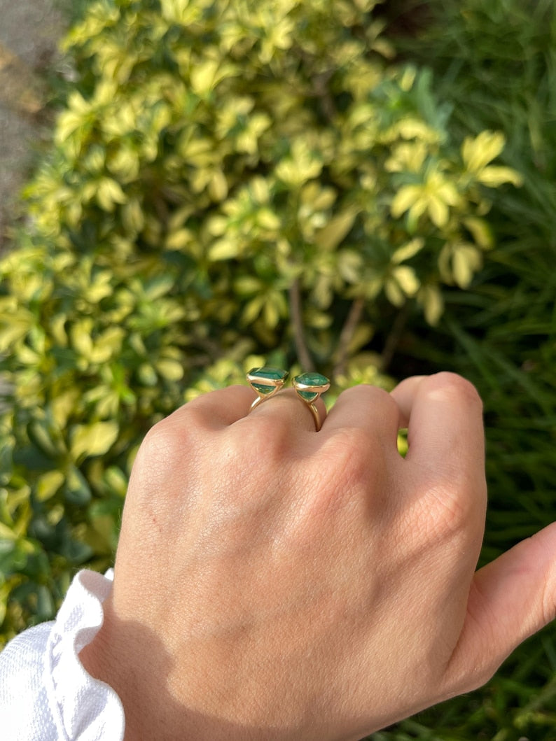 8.80tcw 18K Gold Toi Et Moi Ring | Emerald & Oval Cut Deep Green Emerald Stones