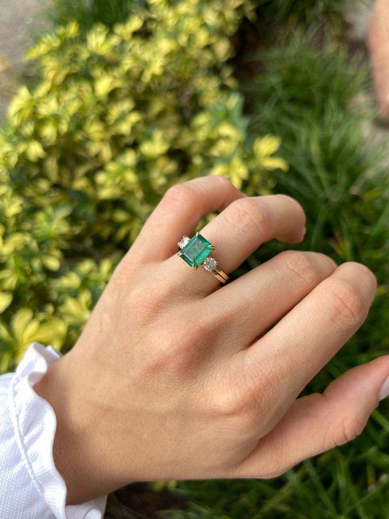 3.30tcw 14K Natural Emerald & Diamond Three Stone Engagement Ring