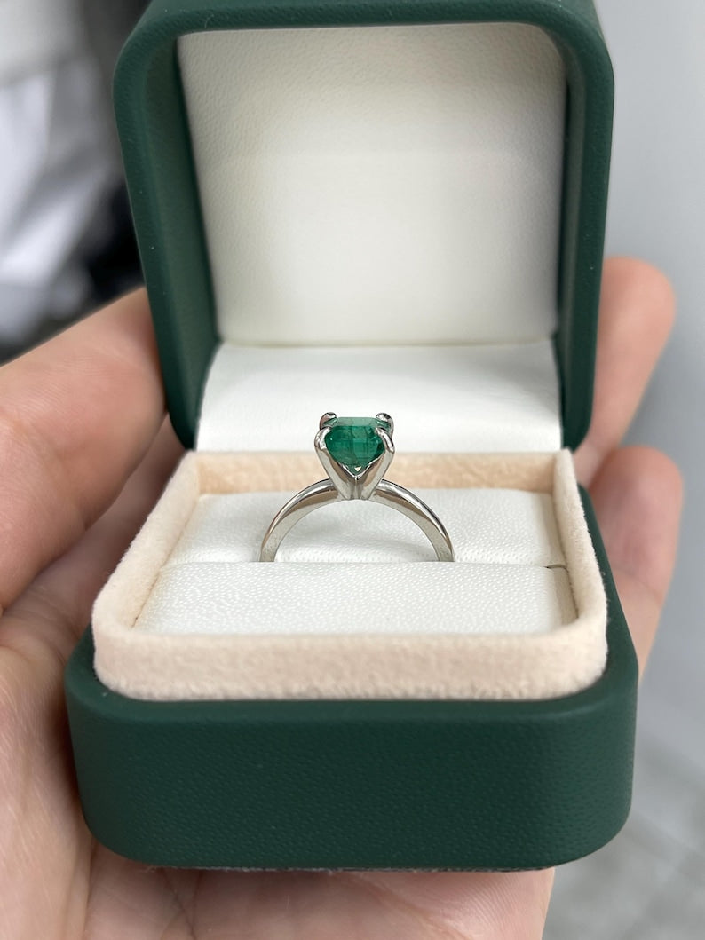 1.74ct Asscher Cut Emerald Solitaire Ring in Platinum Vivid Green Emerald