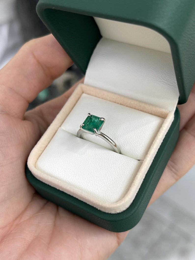 1.74ct Asscher Cut Emerald Solitaire Ring in Platinum Vivid Green Emerald