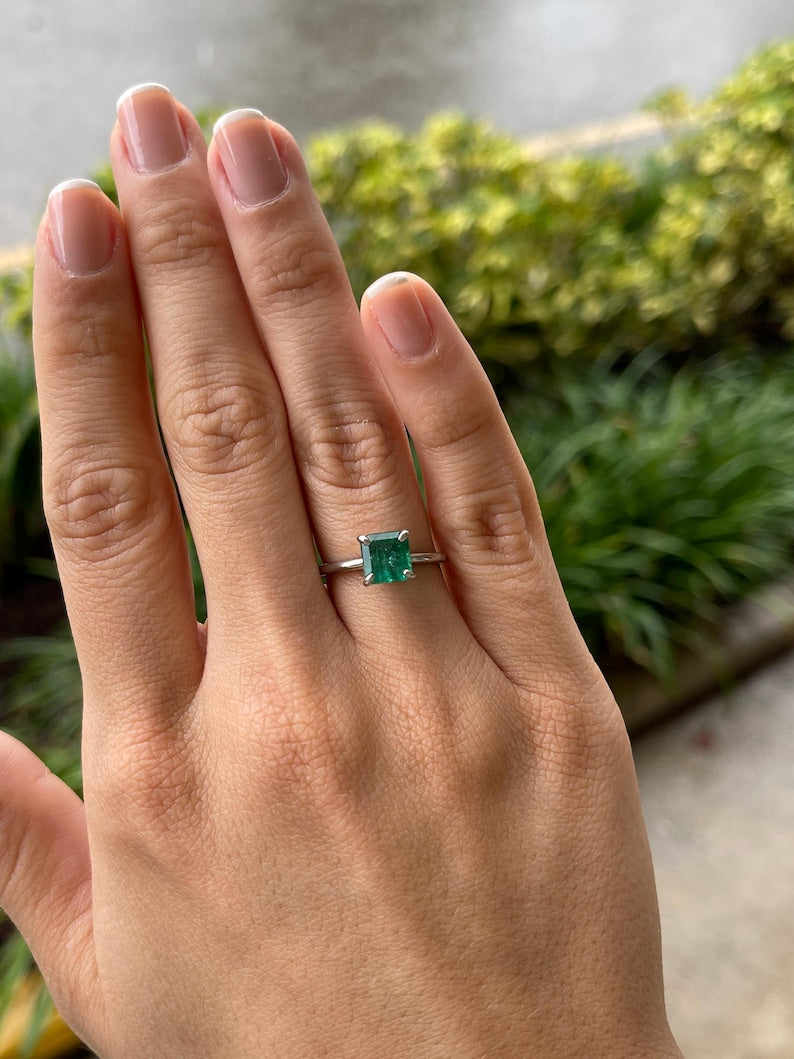 1.74ct Asscher Cut Emerald Solitaire Ring in Platinum Vivid Green Emerald