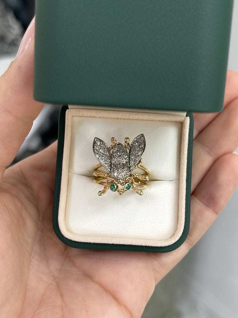 Unique 14K Two-Toned Gold Bee Ring with Emerald Eyes and 0.06-Carat Diamond Cluster for Bold Style
