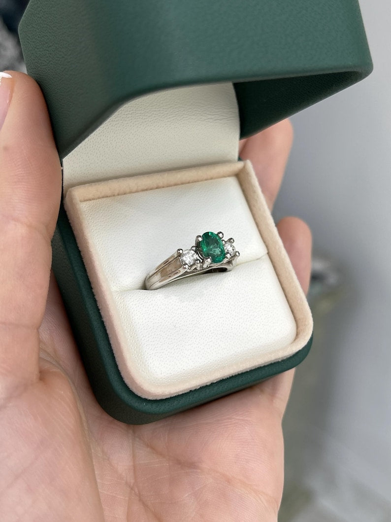 14K White Gold Ring with Oval Emerald and Diamonds, 1.50tcw, Ideal for Right Hand Jewelry