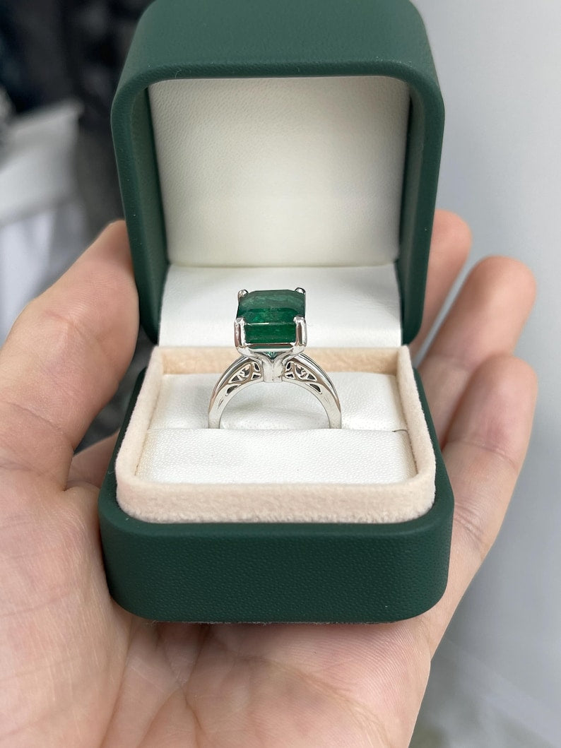 9.16ct Emerald Solitaire Ring 14K White Gold Massive Deep Green Emerald Cut