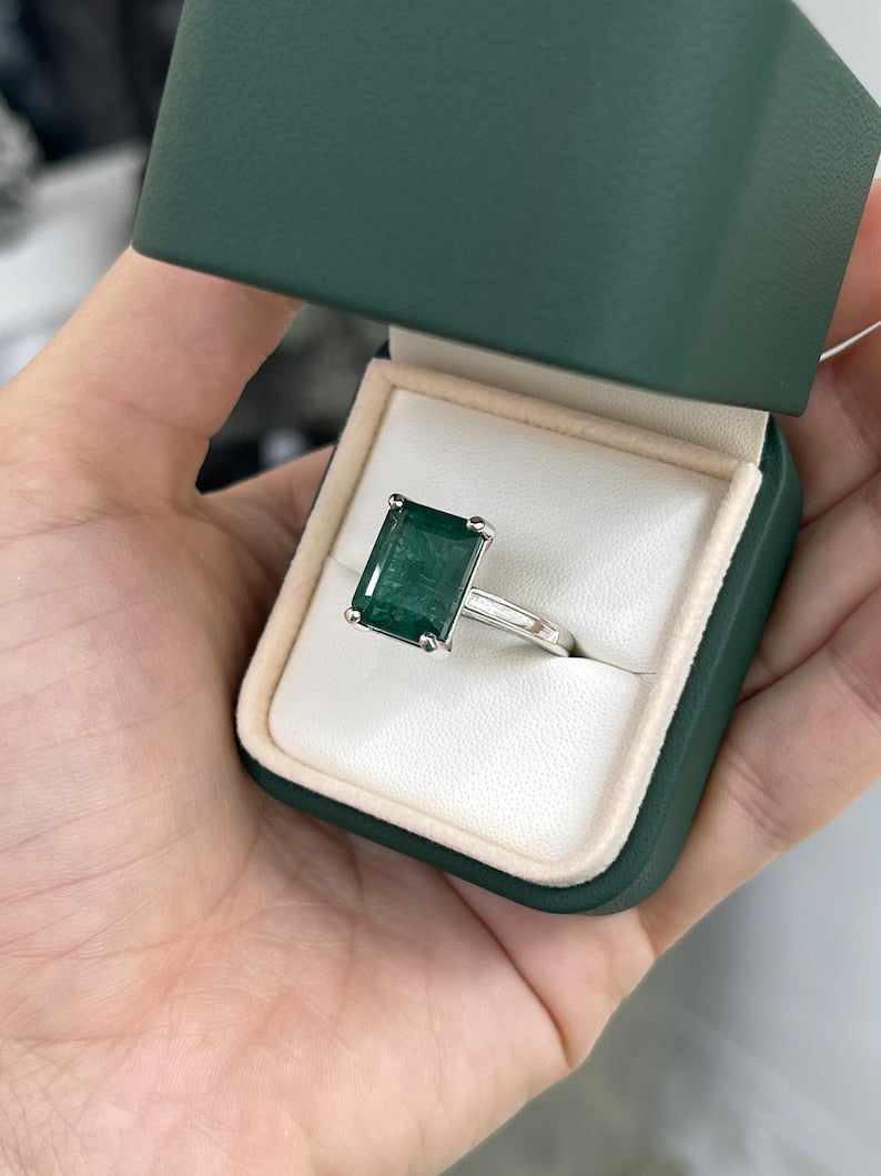 9.16ct Emerald Solitaire Ring 14K White Gold Massive Deep Green Emerald Cut