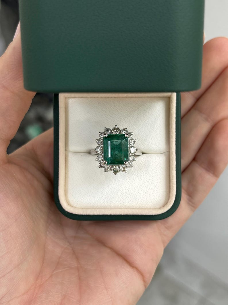 14K Deep Green Emerald Engagement Ring with Diamond Halo, Totaling 6.64tcw