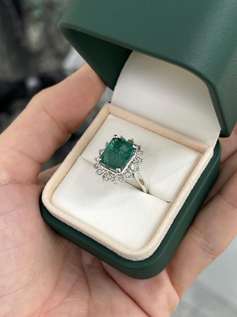 6.64tcw 14K Deep Green Emerald Engagement Ring with Diamond Halo