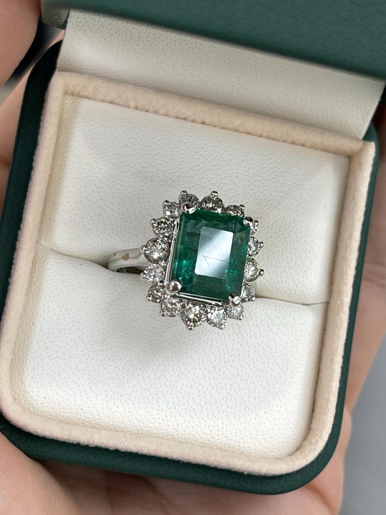 6.64tcw 14K Deep Green Emerald Engagement Ring with Diamond Halo