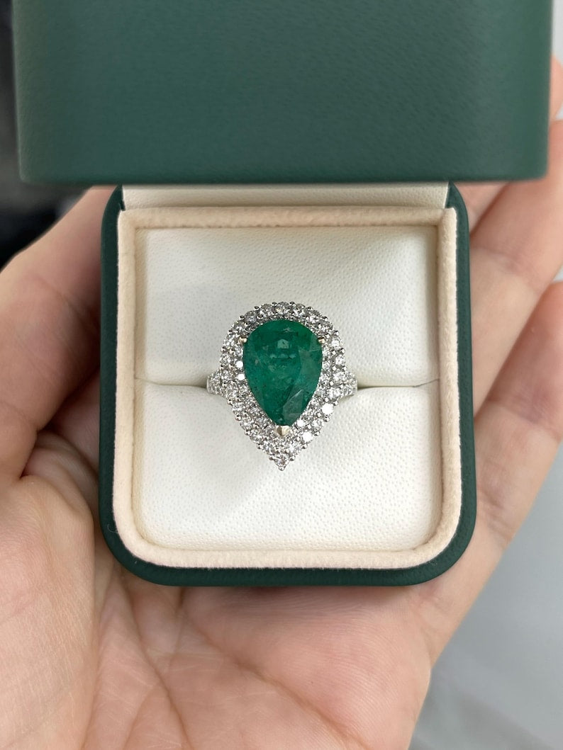 8.70tcw Pear Cut Emerald & Double Diamond Halo Engagement Ring in 18K Gold